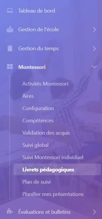 tableau de bord appli de suivi montessori